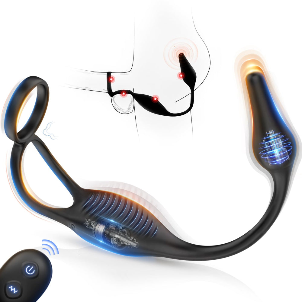 A black vibrating cock ring prostate massager with blue LED lights indicating different settings. It has a textured perineum area and dual rings.