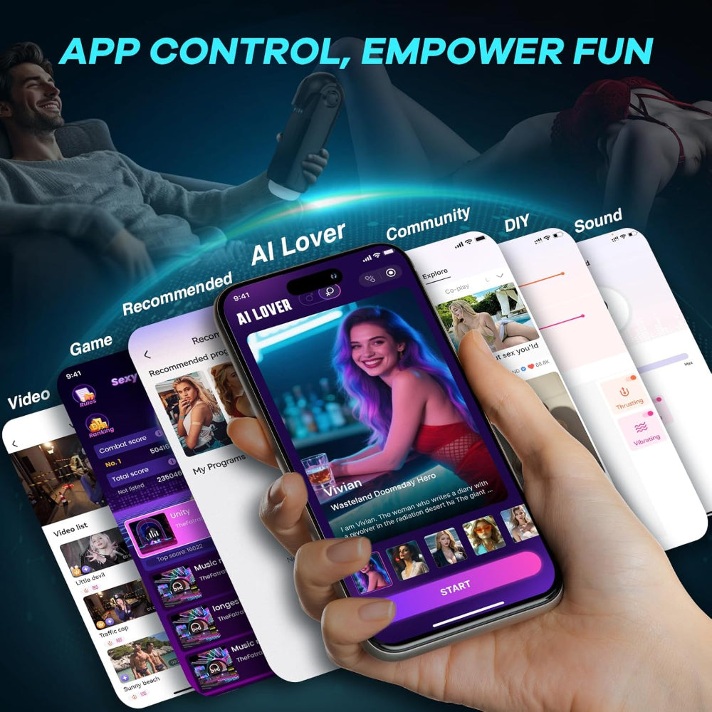 Hand holding a smartphone with an app interface featuring 'AI Lover' on a dark background with text 'App Control, Empower Fun'.