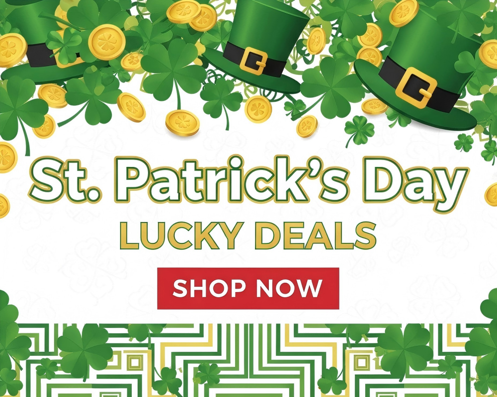 St. Patrick's Day promotional graphic with green hats, gold coins, and shamrocks on a white background.