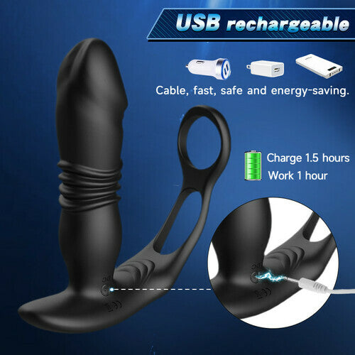 3 Thrusting & 12 Vibrating Dual Cock Rings Prostate Massager