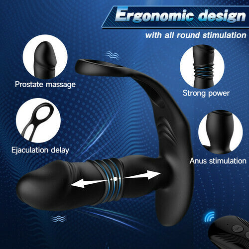 3 Thrusting & 12 Vibrating Dual Cock Rings Prostate Massager