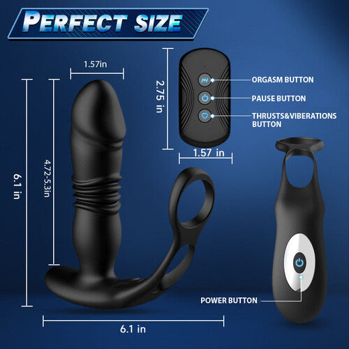 3 Thrusting & 12 Vibrating Dual Cock Rings Prostate Massager