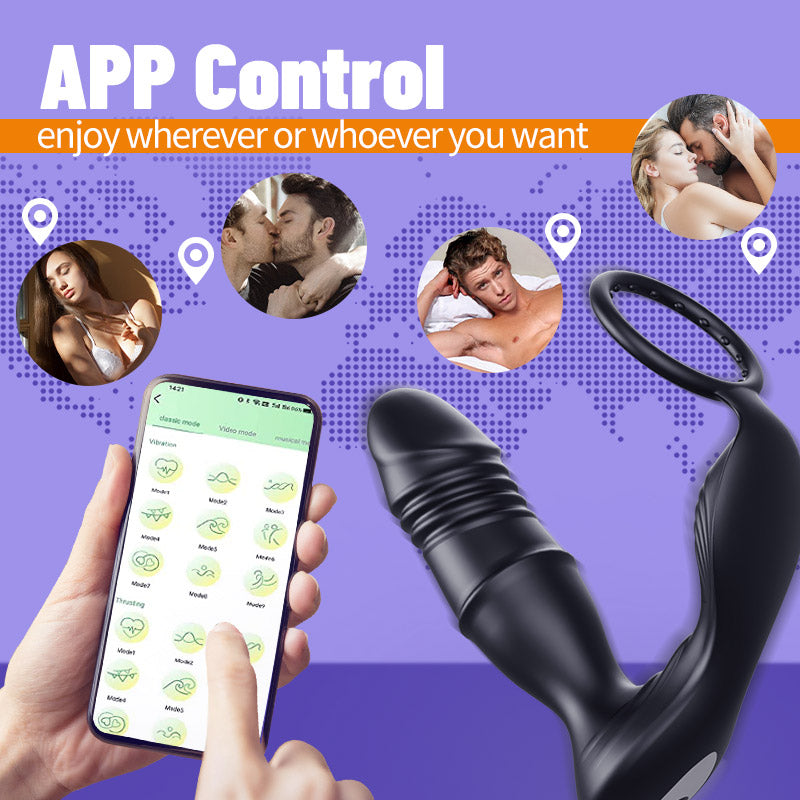 App Controller 9-Telescopic Vibration Cock Rings Prostate Massager