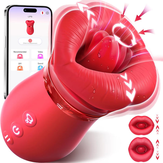 Red sex toy with smartphone app interface on a white background