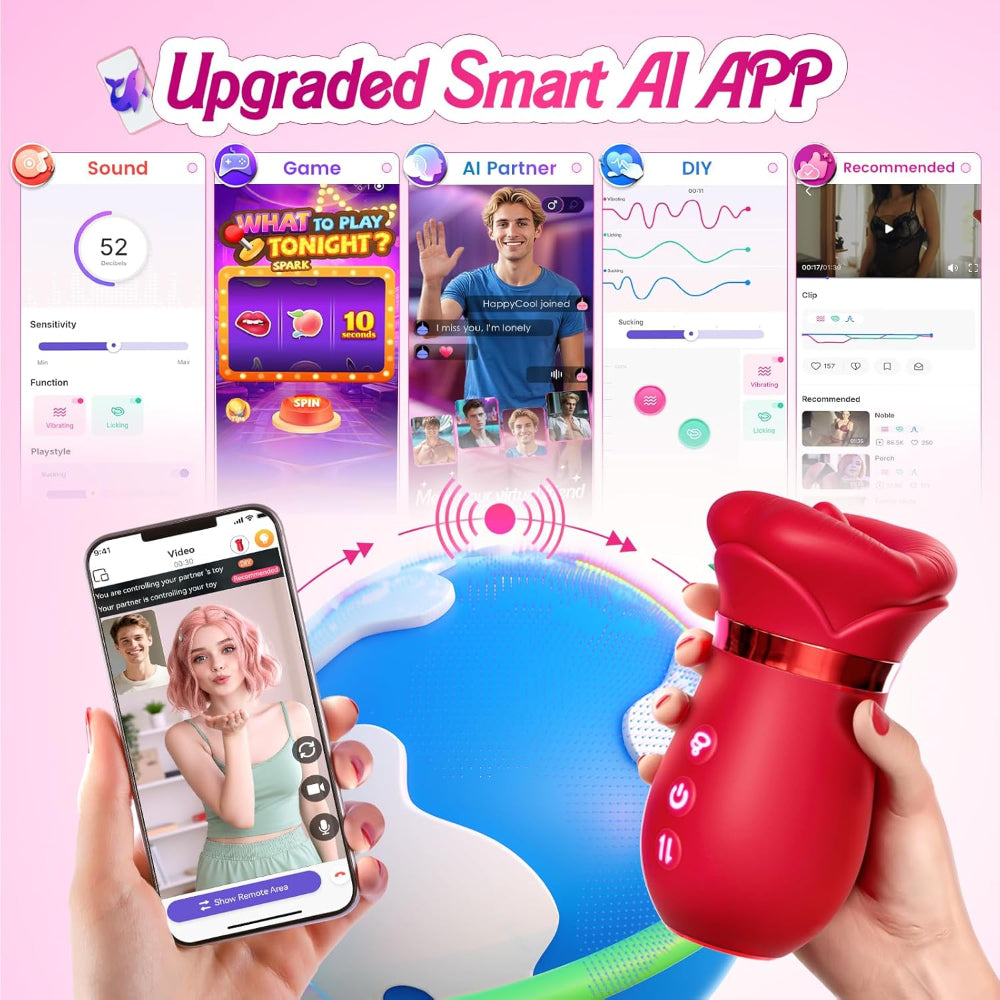 Smart AI app interface with a red device and smartphone showing app on pink background