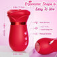 Red electronic device with ergonomic design and measurement details on a pink background