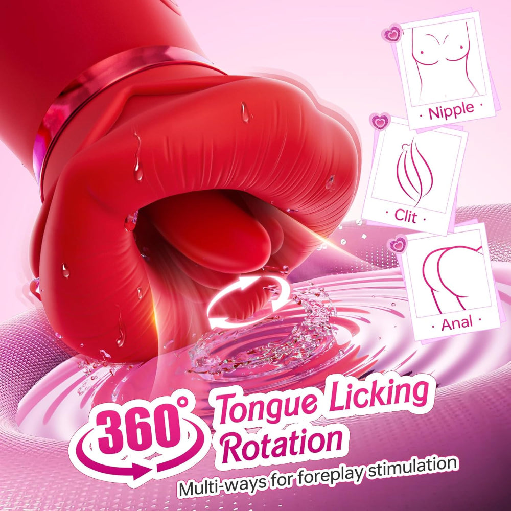 Red glove with '360° Tongue Licking Rotation' text on a pink background with anatomical illustrations.