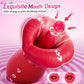 Red silicone product with mouth design on a pink background, featuring text about suction and kissing motion.