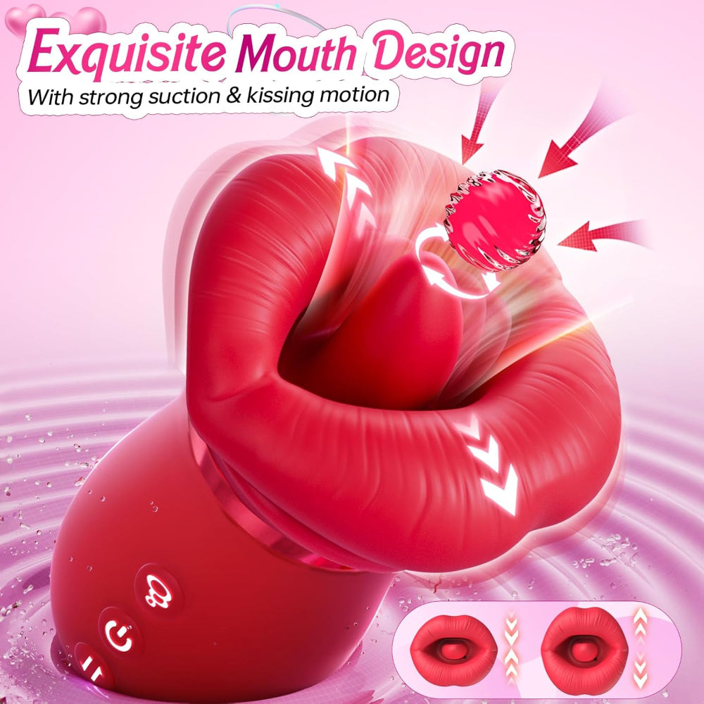Red silicone product with mouth design on a pink background, featuring text about suction and kissing motion.