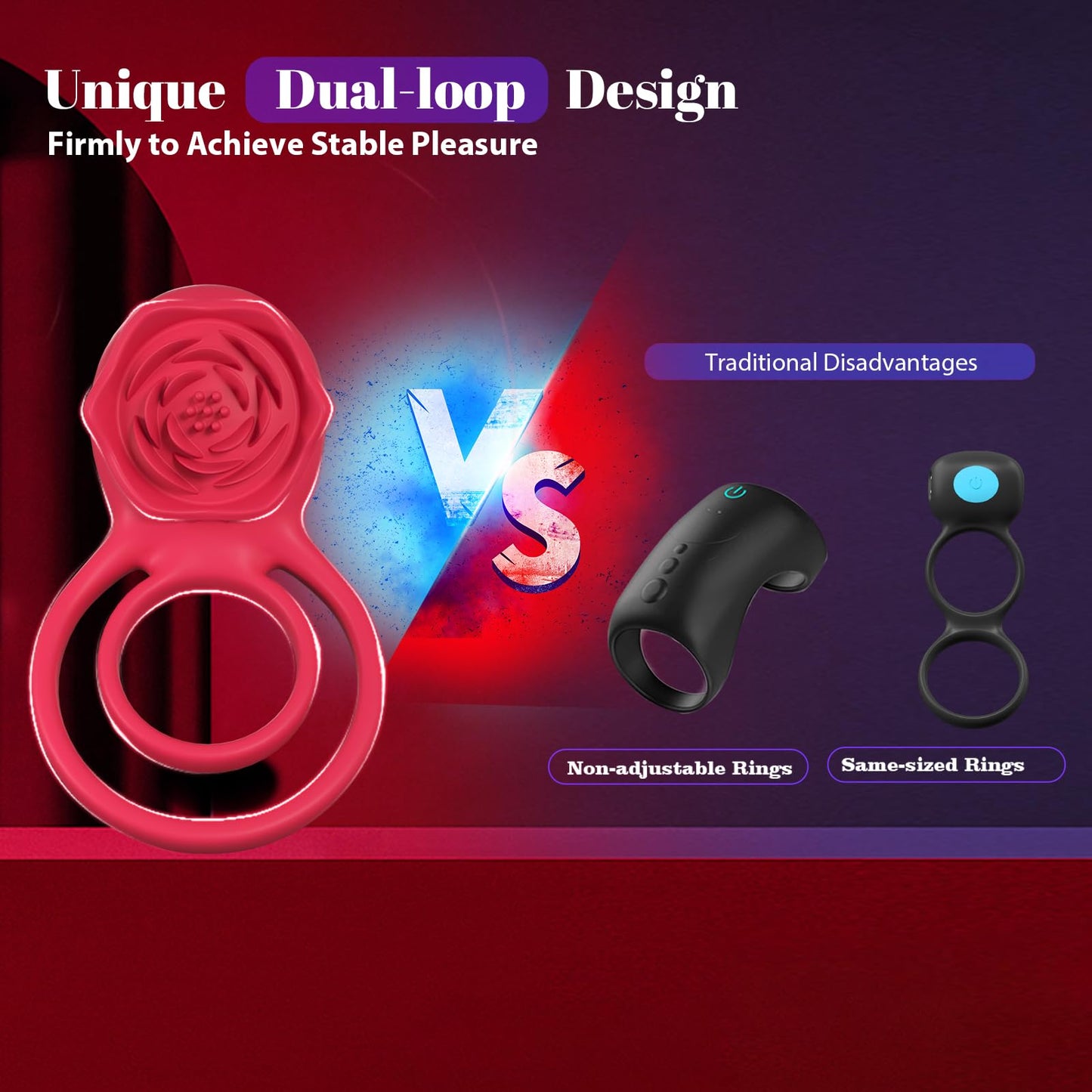 7 Vibrating Dual Loop Rose Cock Ring for Couple Fun