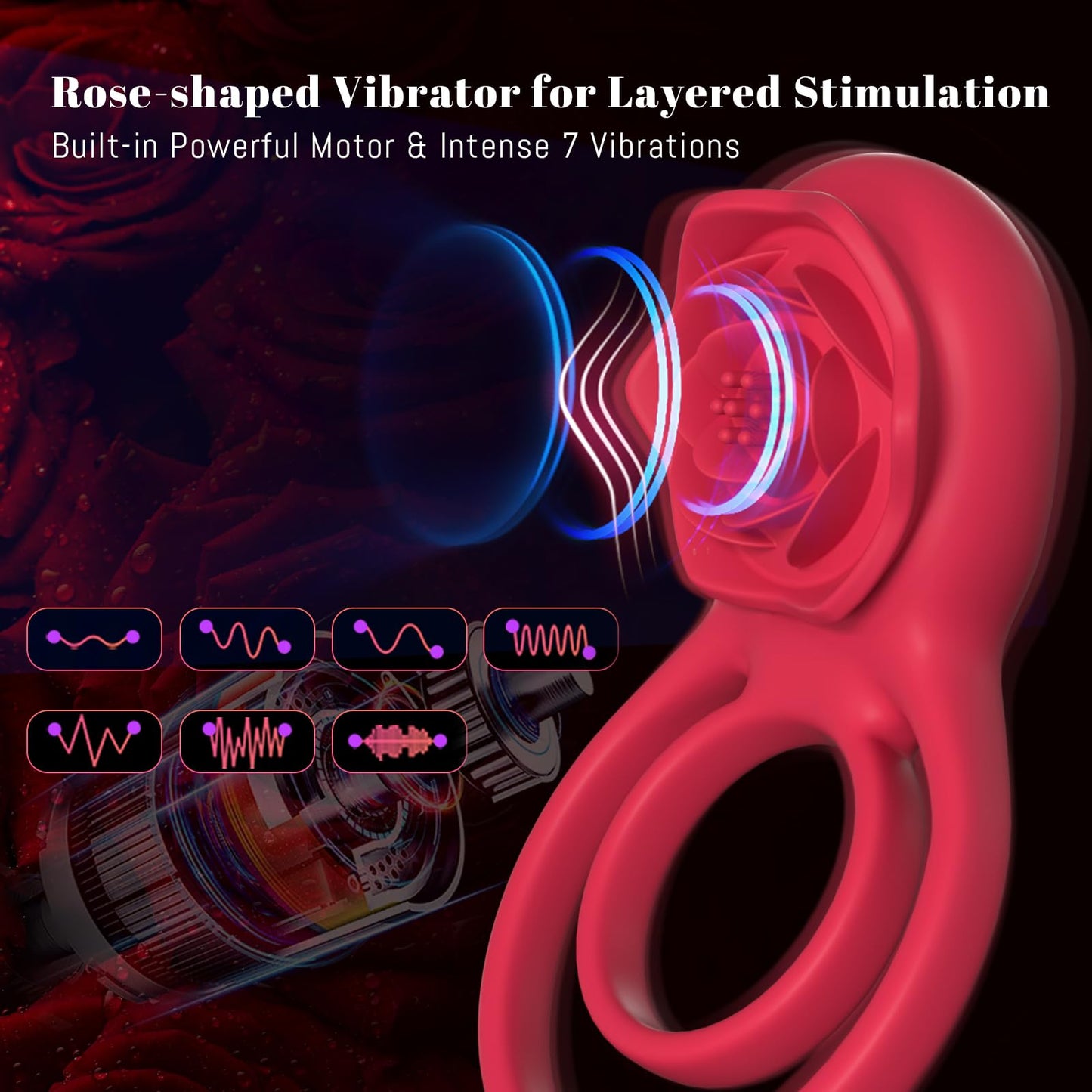 7 Vibrating Dual Loop Rose Cock Ring for Couple Fun