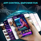 Hand holding a smartphone with an app interface featuring 'AI Lover' on a dark background with text 'App Control, Empower Fun'.