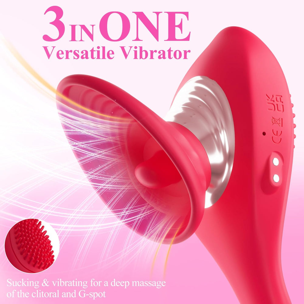 Red 3-in-one versatile vibrator on a pink background with text describing its features.