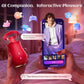 Red electronic device held by a hand with a smartphone displaying an AI interface in another hand, set against a blurred bedroom background.