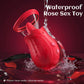 Red waterproof sex toy with water splashing around it on a red background