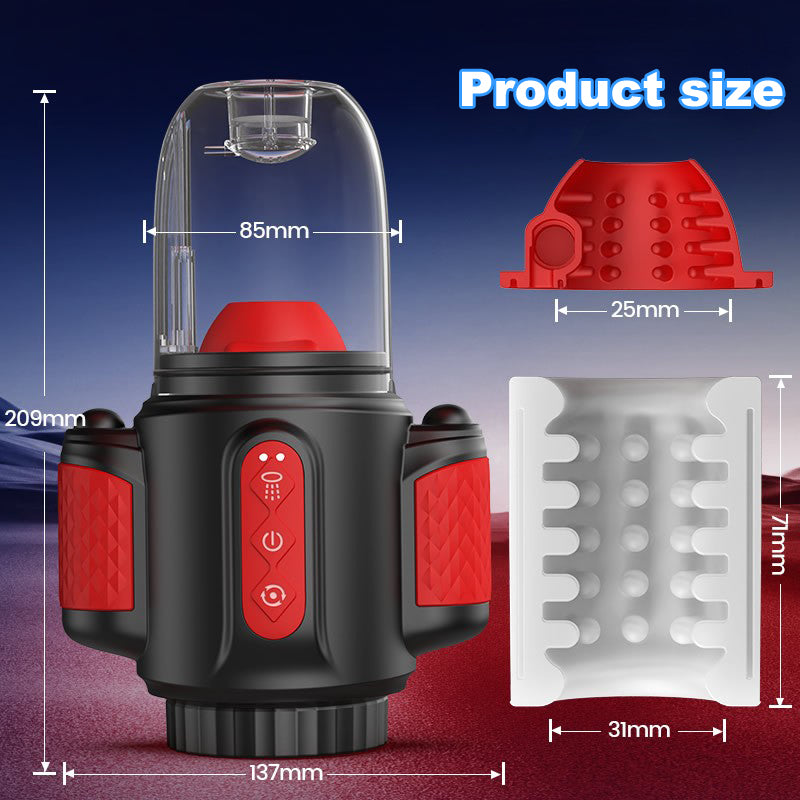 Black and red kitchen blender with measurements on a dark background