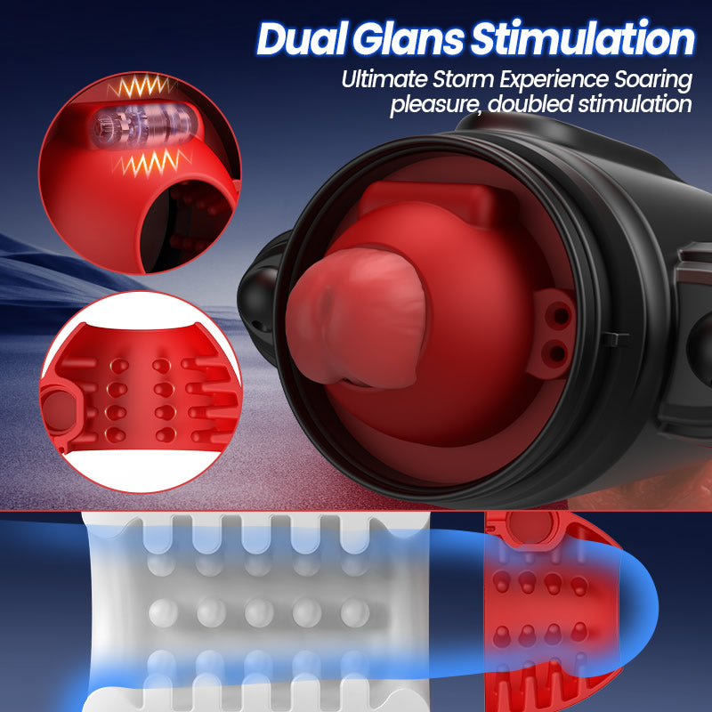 Product with red and black design, featuring text about dual glans stimulation.