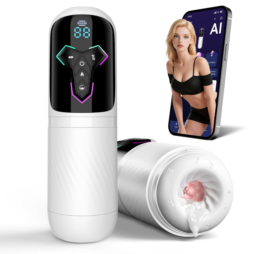 White and black personal massager shown upright and side-on with a pink silicone tip visible, alongside a smartphone screen displaying an app with a woman's image. No real environment is present; the phone appears as a product demonstration graphic rather than a lifestyle scene.