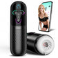 Black electric personal massager shown in two views on a white background: one upright with a lit control panel and one horizontal with the nozzle open, revealing white and pink textured interior. A smartphone screen in the upper right shows a model and the app interface.