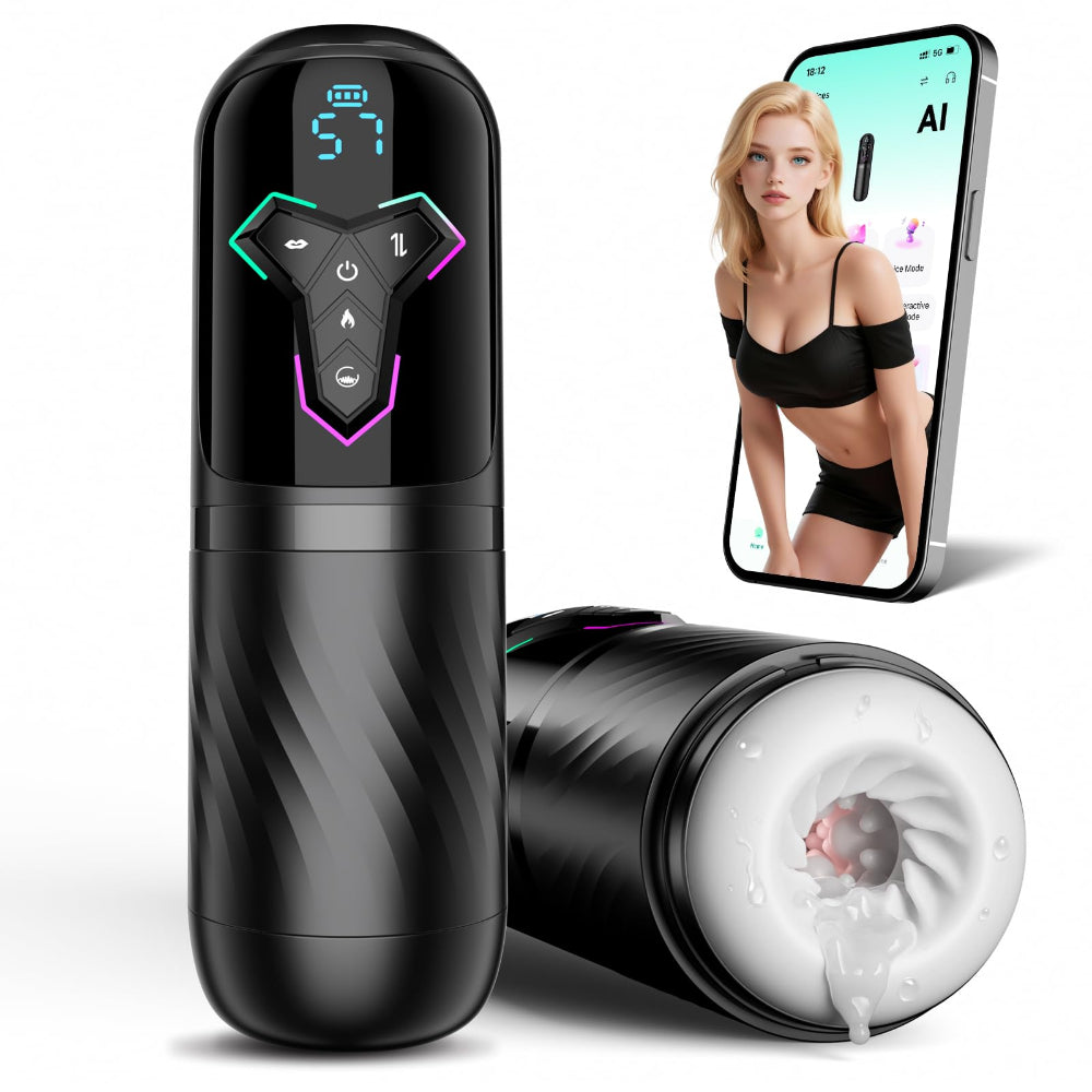 Black electric personal massager shown in two views on a white background: one upright with a lit control panel and one horizontal with the nozzle open, revealing white and pink textured interior. A smartphone screen in the upper right shows a model and the app interface.