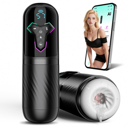 Black electric personal massager shown in two views on a white background: one upright with a lit control panel and one horizontal with the nozzle open, revealing white and pink textured interior. A smartphone screen in the upper right shows a model and the app interface.