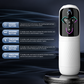 A white and black pet air purifier and humidifier device shown on a dark blue graphic background with feature callouts in Chinese. The device has a glossy black front panel with illuminated control icons and a textured white body.