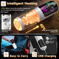 Heating device with USB charging feature, showing heating process and features on a dark background.