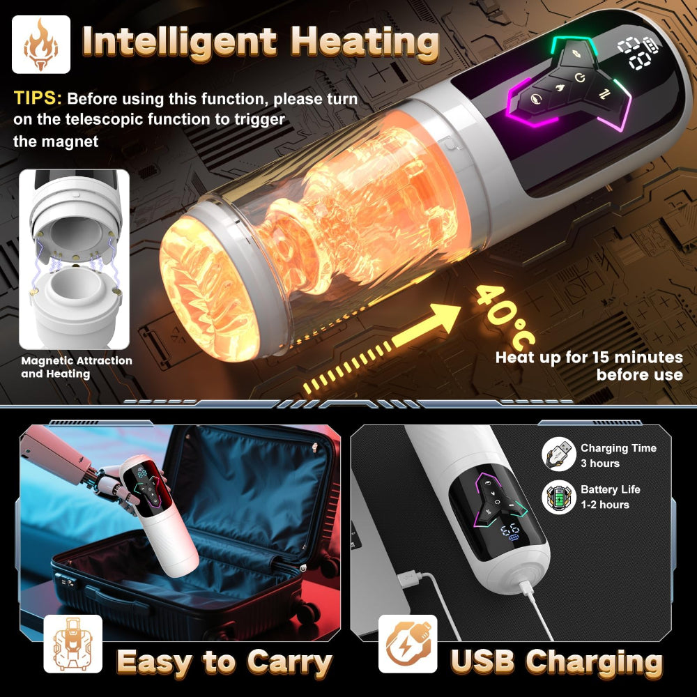 Heating device with USB charging feature, showing heating process and features on a dark background.