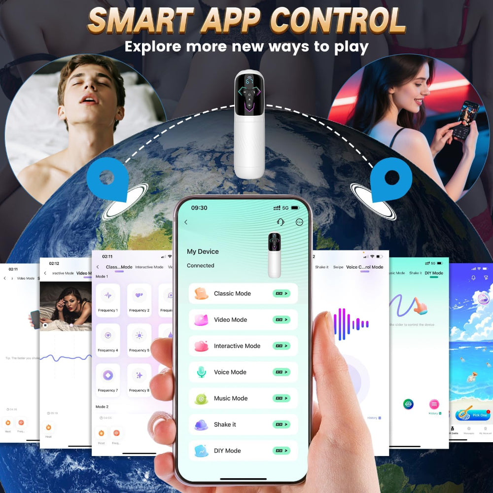 Smart app control system with smartphone displaying app interface, globe in background