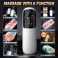 An adult novelty product shown as a white cylindrical massager with a black control panel and multicolor LED lighting, surrounded by feature callout panels including app interaction, vibration modes, suction modes, heating function, LED screen, and soft material. Large headline text at the top reads 'MASSAGE WITH 8 FUNCTION'.