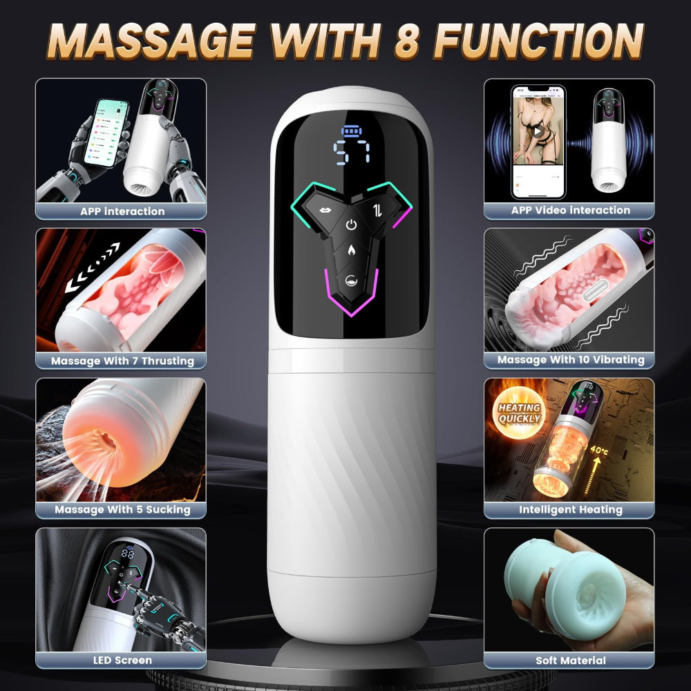 An adult novelty product shown as a white cylindrical massager with a black control panel and multicolor LED lighting, surrounded by feature callout panels including app interaction, vibration modes, suction modes, heating function, LED screen, and soft material. Large headline text at the top reads 'MASSAGE WITH 8 FUNCTION'.