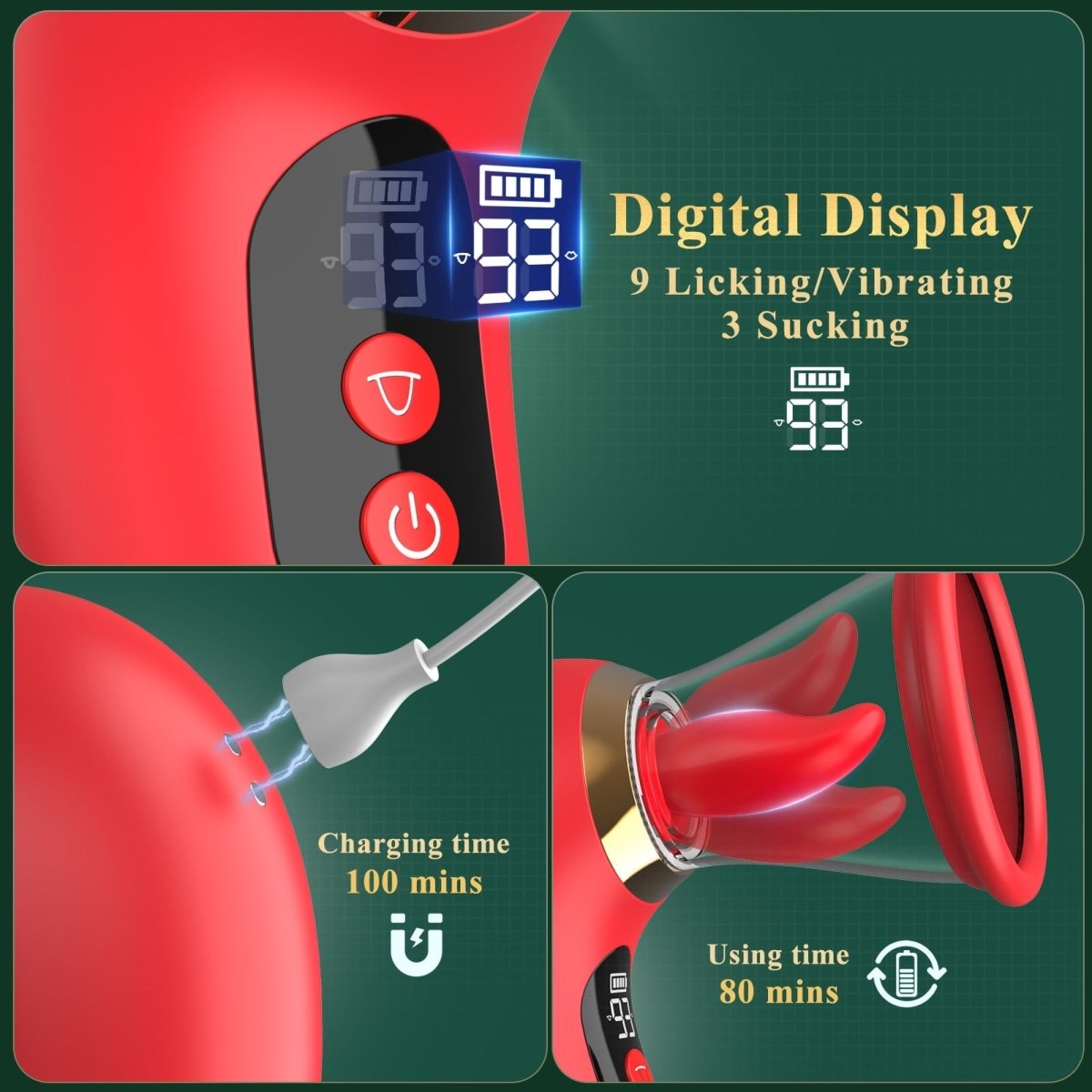 Rose Vibrator with LCD Display, 3 Suction Modes & 9 Tongue Motions for Clitoral & G-Spot Stimulation
