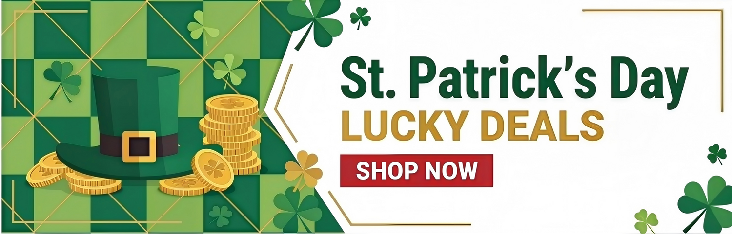 St. Patrick's Day promotional banner with green hat, gold coins, and clover leaves on a green geometric pattern.