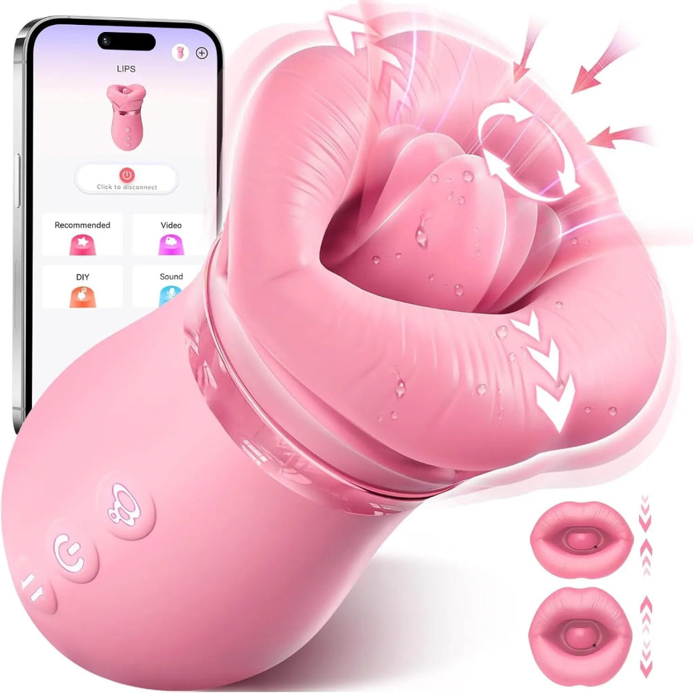 Pink silicone product with smartphone app interface on a white background