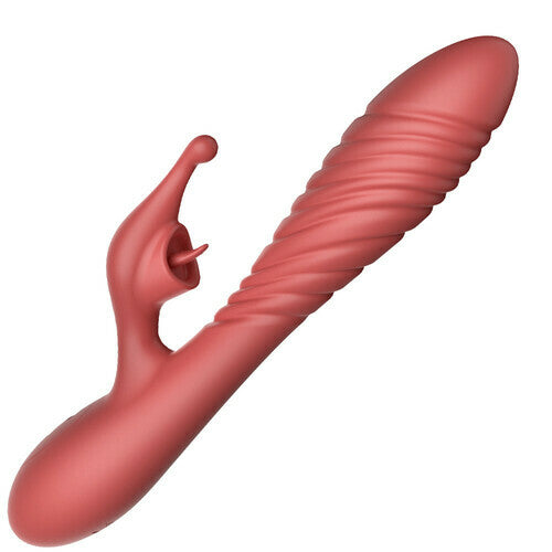 A red, silicone vibrator with a curved design that includes a mini-mouth and an extended tentacle. It has a sleek, smooth surface and a small diameter for entry-level users.